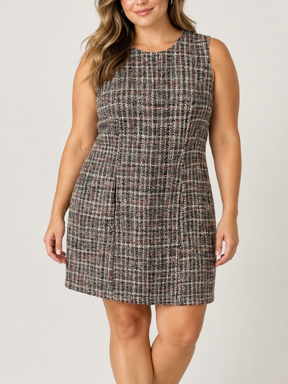 Gal Meets Glam Ramona Brown Tweed Check Sleeveless Mini Dress
